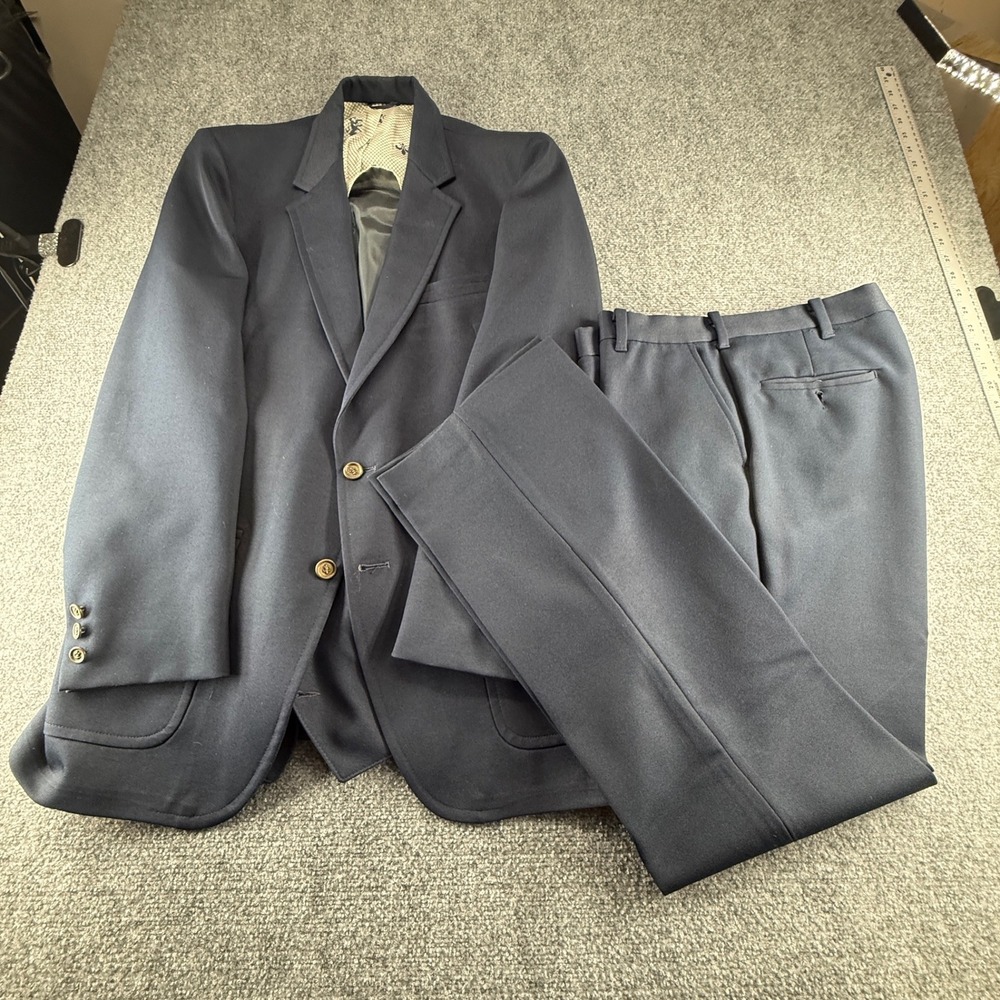 Vintage Navy Blue 3 Piece Suit Blazer Vest Pants Crest Brass Buttons 42R 37W